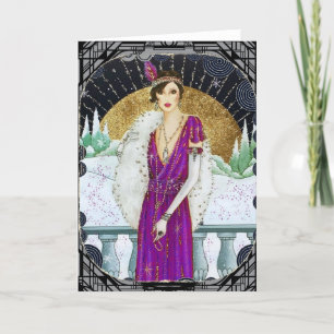 Vintage 1920s Purple Dress Winter Flapper Lady Holiday Card
