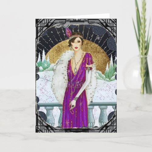 Vintage 1920s Purple Dress Winter Flapper Lady Holiday Card