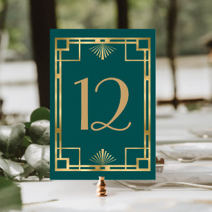 Vintage 1920s Teal Gold Deco Frame Wedding Table Number