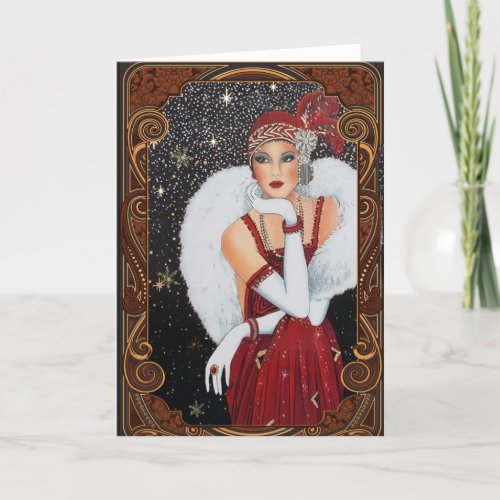 Vintage 1920s Winter Flapper Woman  Holiday Card