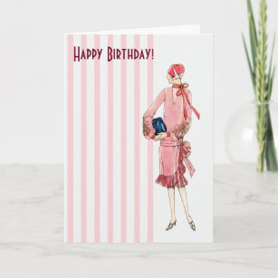 Vintage 1920s Woman in Pink Dress Happy Birthday Card