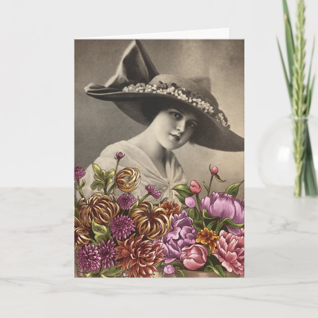Vintage 1920s Woman With Large Easter Bonnet Card (Front)