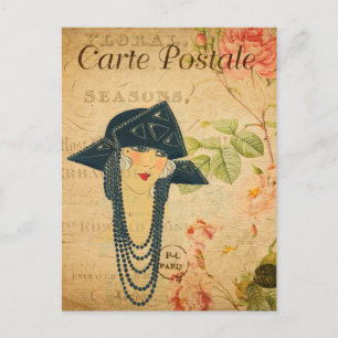 Vintage 1920s Women in Hat and Necklace French Postcard