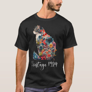 Vintage 1924 Floral Flower Cat Lover Happy 100th B T-Shirt