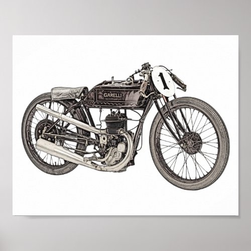 Vintage 1926 Garelli Racing Motorcycle Drawing Poster