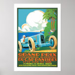 Vintage 1929 Grand Prix Auto Racing French Ad Poster<br><div class="desc">Retro automobile travel ad for Grand Prix racing in France  during the 1920s features a vintage car and driver motoring across the French countryside along the Mediterranean Sea.  In blues,  greens and white with orange lettering.  Retro travel art poster from The Wall Art Shop.</div>