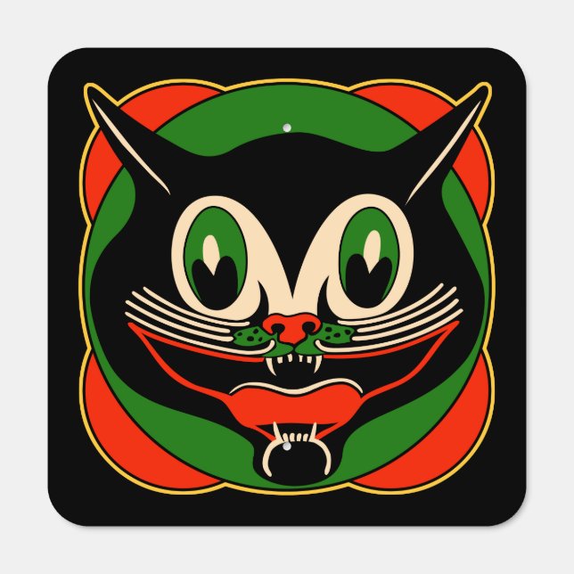 Vintage 1930s Art Deco Halloween Cat Metal Sign (Front)