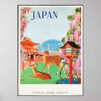 Vintage 1930s Deer & Japanese Pagoda Travel Poster