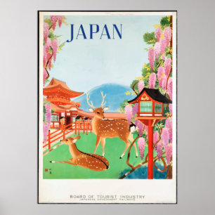 Vintage 1930s Deer & Japanese Pagoda Travel Poster
