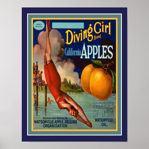 Vintage 1930s Diving Girl California Apples Poster