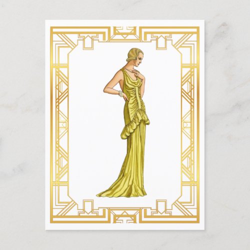 Vintage 1930s Fashion Gold Hollywood Gown Art Postcard