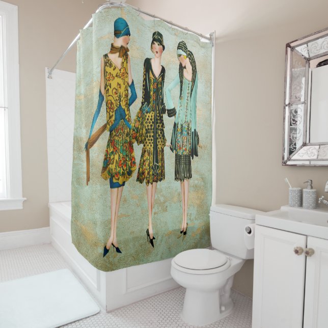 Vintage 1930's Fashion Illustration Shower Curtain (In Situ)