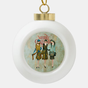 Vintage 1930's Women Christmas Greeting Ceramic Ball Christmas Ornament
