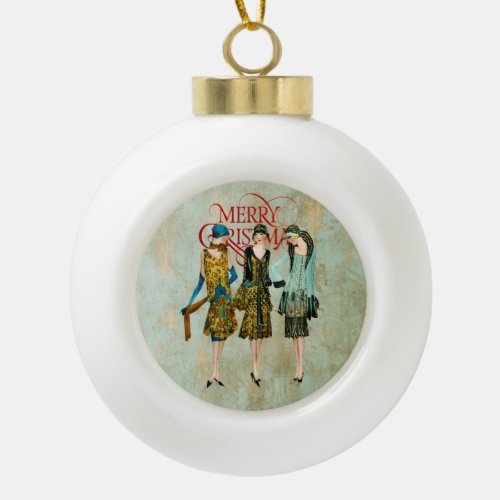 Vintage 1930s Women Christmas Greeting Ceramic Ball Christmas Ornament