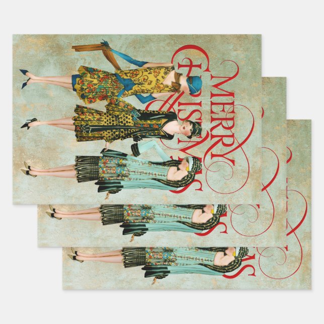 Vintage 1930's Women Christmas Greeting Wrapping Paper Sheets (Set)