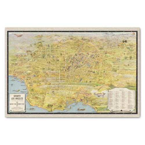 Vintage 1932 Los Angeles Restored Map Decoupage Tissue Paper