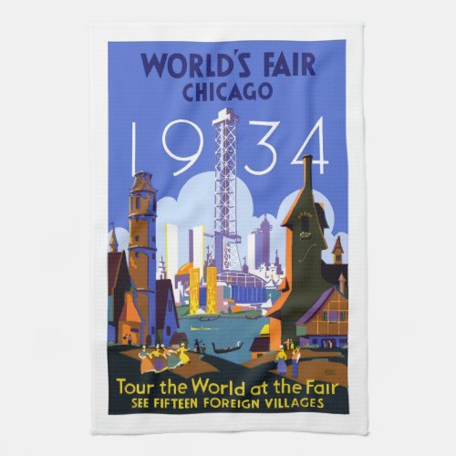 Vintage 1934 Worlds Fair Chicago travel poster Kitchen Towel