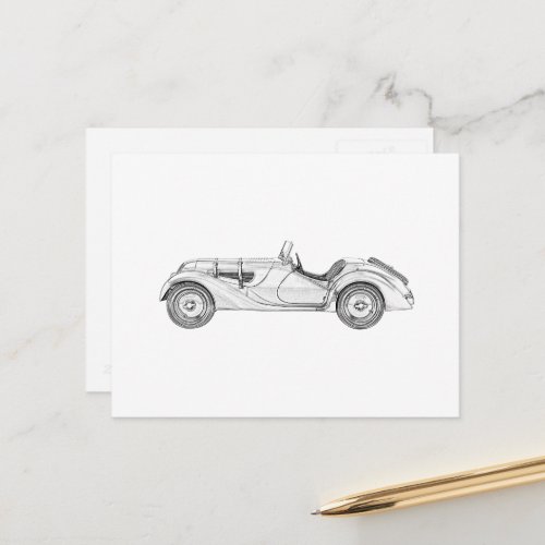 Vintage 1936 BMW 328 Racecar Black and White Postcard