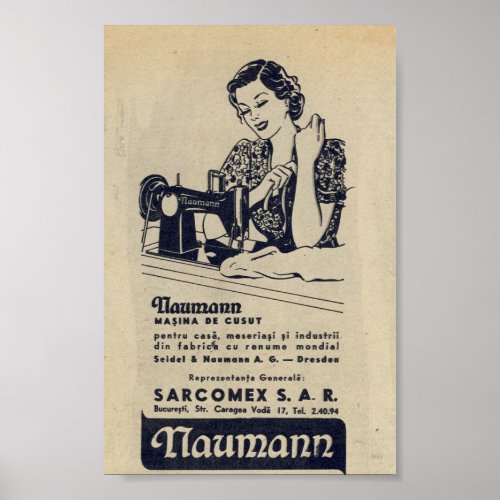 Vintage 1940 Sewing machine ad romanianNAUMANN Poster