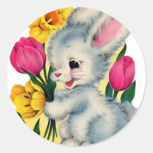 Vintage 1940s Bunny Rabbit With Flowers Classic Round Sticker