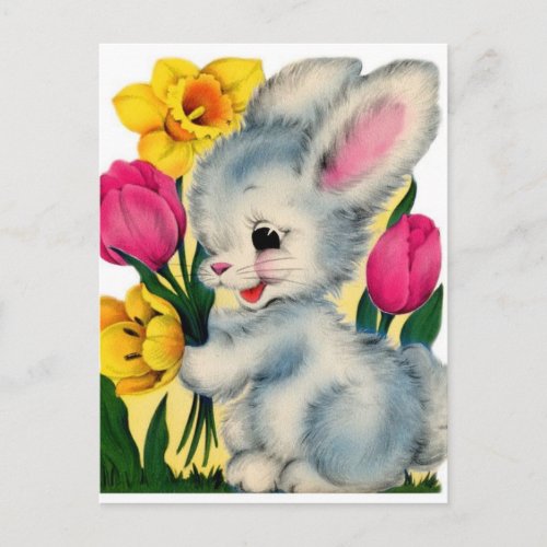 Vintage 1940s Bunny Rabbit With Flowers Postcard