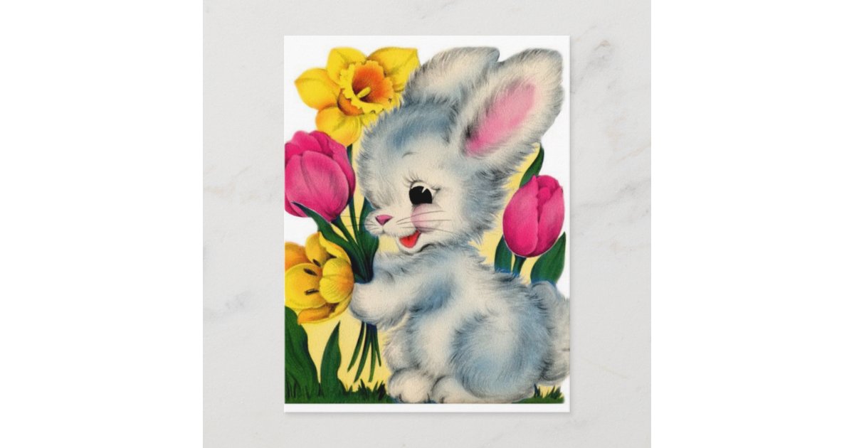 Vintage 1940s Bunny Rabbit With Flowers Postcard | Zazzle