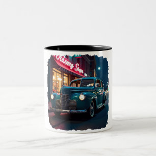 Vintage 1940s Classic Car Under Neon Lights Two-Tone Coffee Mug