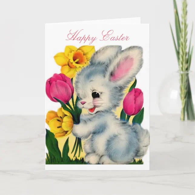 Vintage 1940s Easter Bunny Rabbit With Flowers Holiday Card | Zazzle