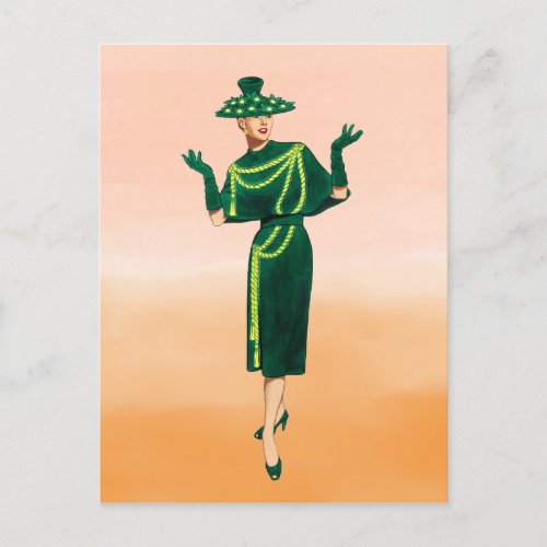 Vintage 1940s Rope Print Green Dress Fashion Art Postcard