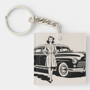 Vintage 1940s Style Illustration of Woman and Car Keychain