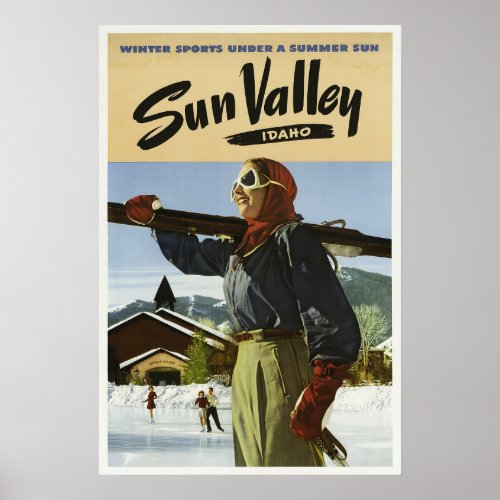 Vintage 1940s Sun Valley Idaho USA Ski Travel Poster