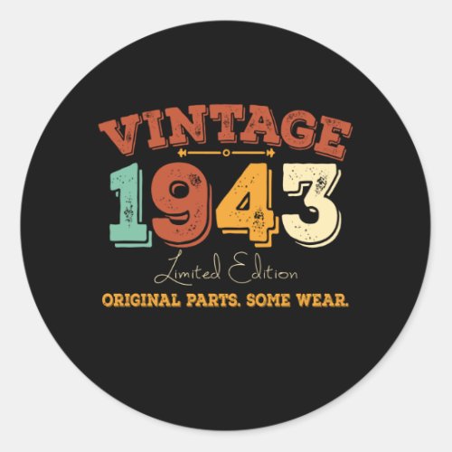 Vintage 1943 Original Parts Funny Birthday Gift Classic Round Sticker
