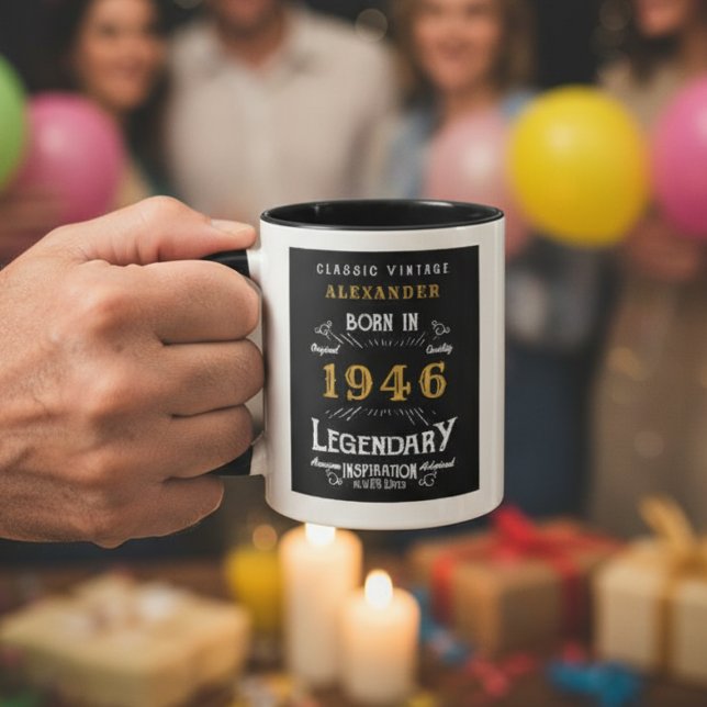 Vintage 1946 80th Birthday Gift Personalized Retro Mug (1946 Personalized mug with blurred background.)