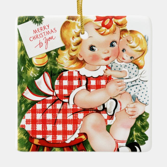 Vintage 1950 girl with doll ceramic ornament (Front)