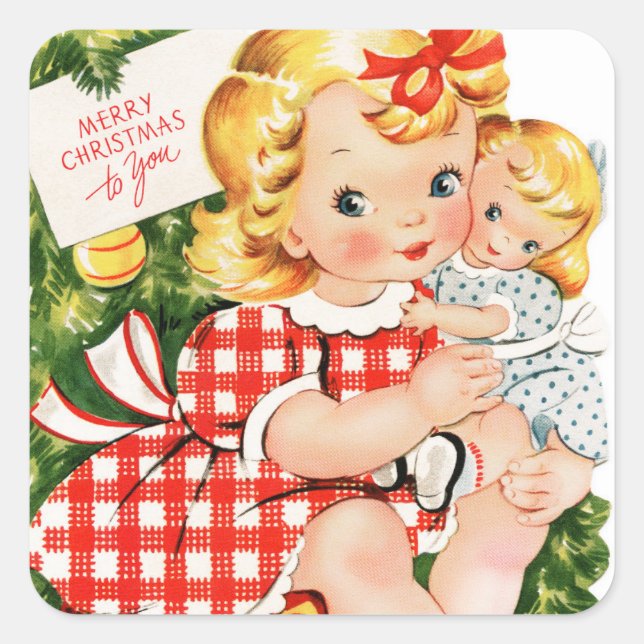 Vintage 1950 girl with doll square sticker (Front)