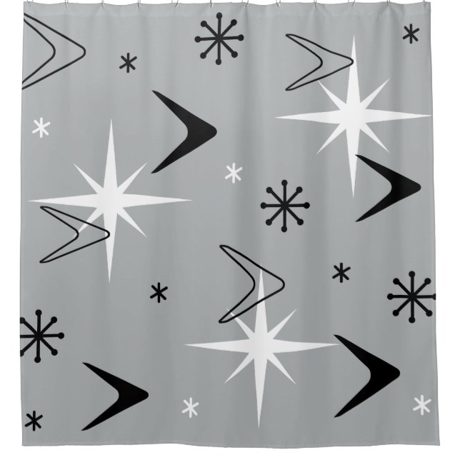 Vintage 1950s Boomerangs and Stars Gray Shower Curtain (Front)
