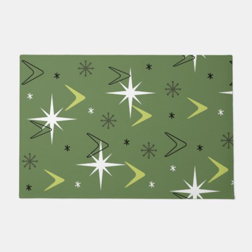 Vintage 1950s Boomerangs Stars Olive Green Doormat