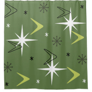Vintage 1950s Boomerangs Stars Olive Green Shower Curtain