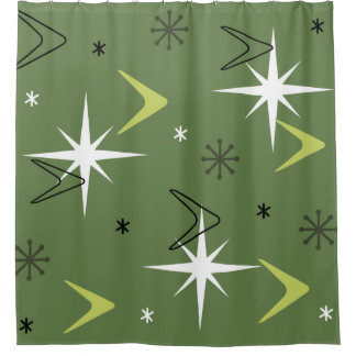 Vintage 1950s Boomerangs Stars Olive Green Shower Curtain