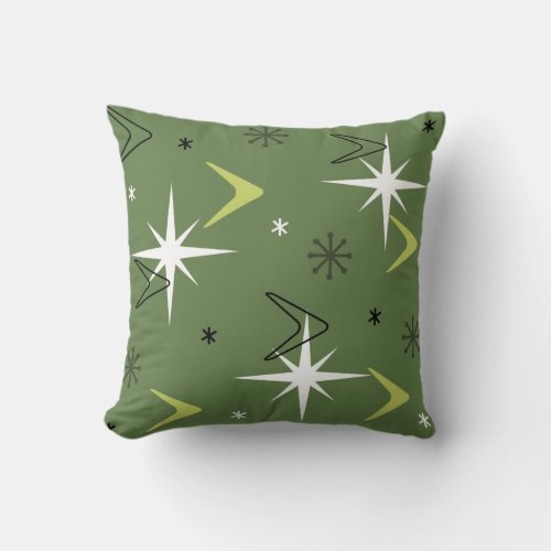 Vintage 1950s Boomerangs Stars Olive Green Throw Pillow