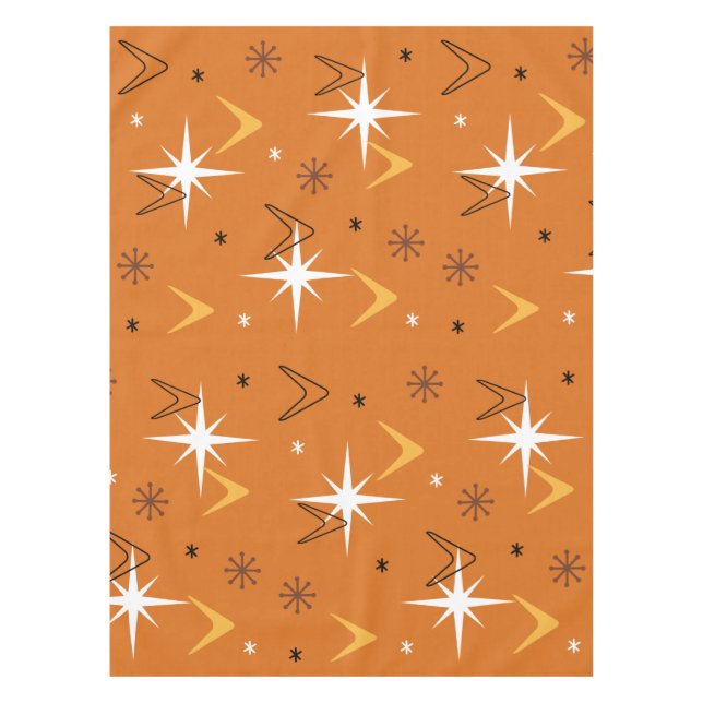 Vintage 1950s Boomerangs Stars Orange Tablecloth (Front)