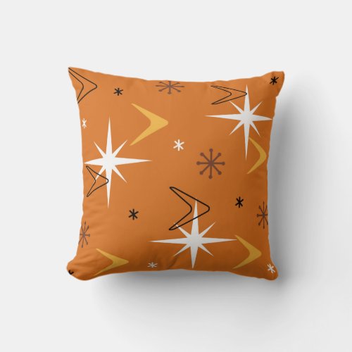 Vintage 1950s Boomerangs Stars Orange Throw Pillow