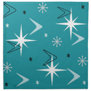 Vintage 1950s Boomerangs Stars Teal Cloth Napkin