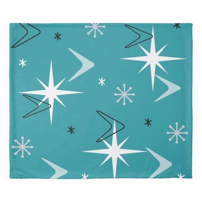 Vintage 1950s Boomerangs Stars Teal Duvet Cover (Front)