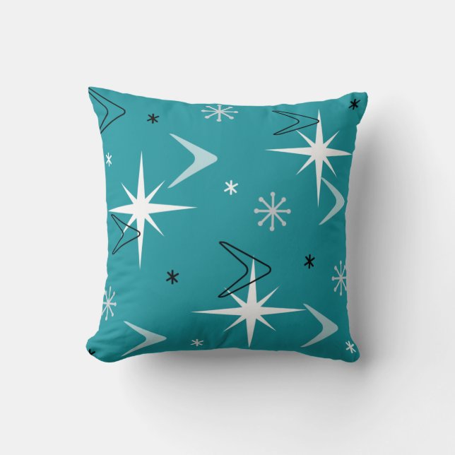 Vintage 1950s Boomerangs Stars Teal Throw Pillow (Front)