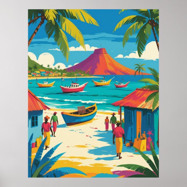 Vintage 1950s Caribbean island life scene  Poster (Front)