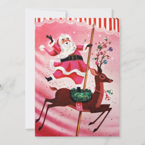 Vintage 1950s Christmas Santa On Reindeer Carousel Holiday Card