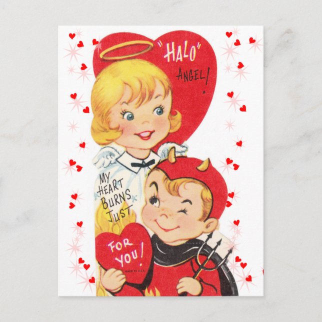 Vintage 1950's Devil and Angel Valentine Postcard (Front)
