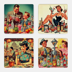 Vintage 1950s Drinks Beverage Illustration Coaster Set