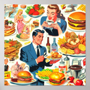 Vintage 1950s Food Comics Illustration Poster